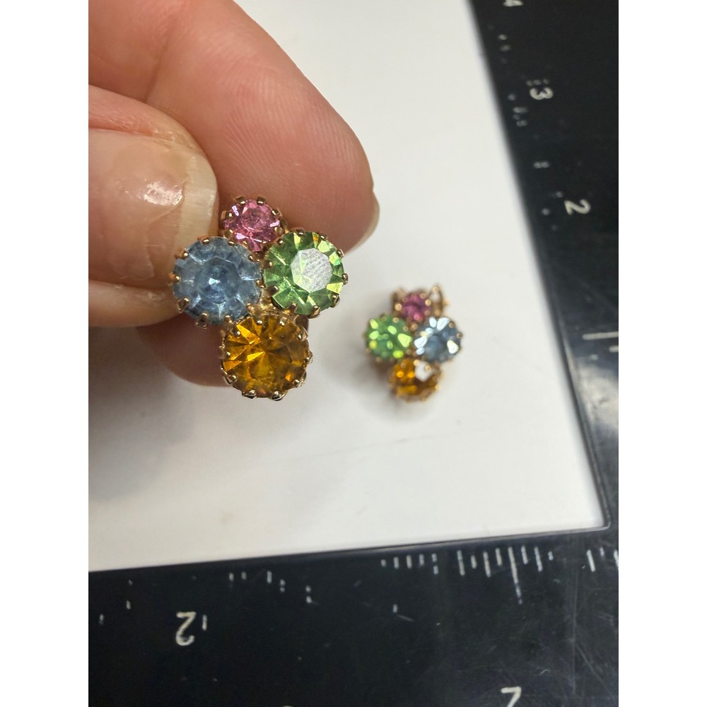 Vintage Gold Tone Multi Color Rhinestone Cluster Clip On Earrings Floral Pastel